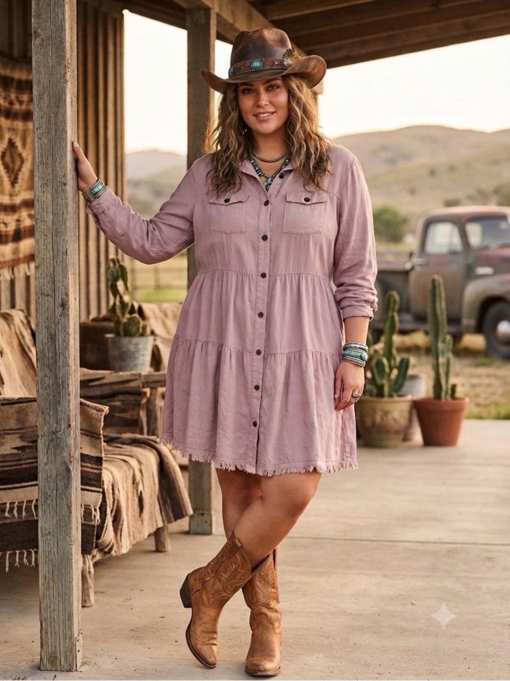 Umgee Dusty Rose Tiered Button-Up Dress